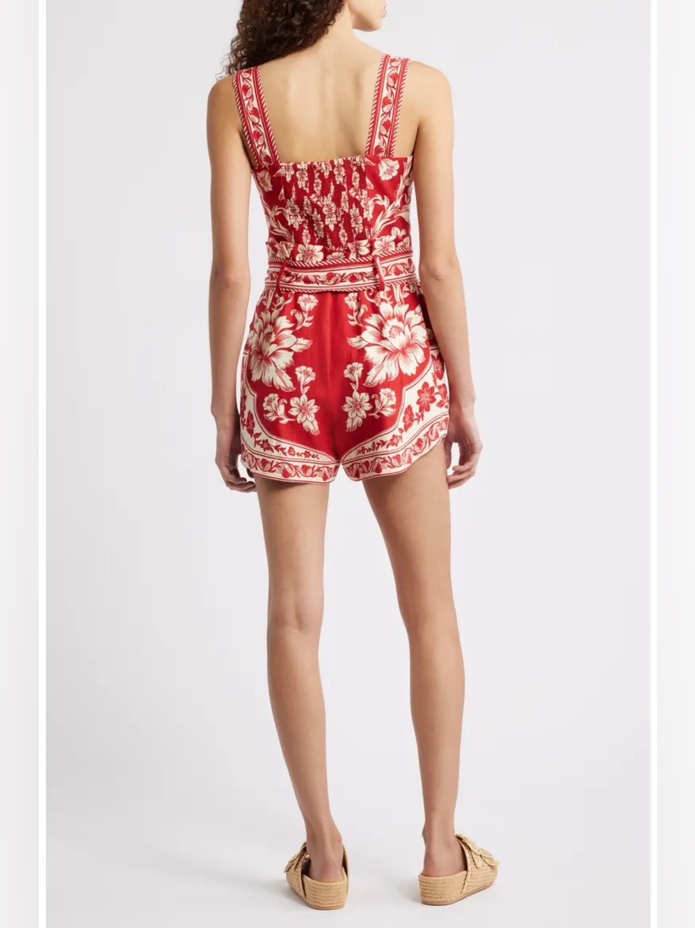FARM Rio Guanacaste Red Gathering Romper L NWT Linen Floral Belted Jumpsuit $198 - Picture 2 of 16